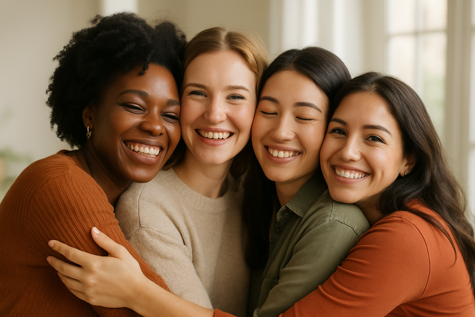 4 women of different ethnicities hugging and smiling one black woman, one caucasian, one asian, one hispanic