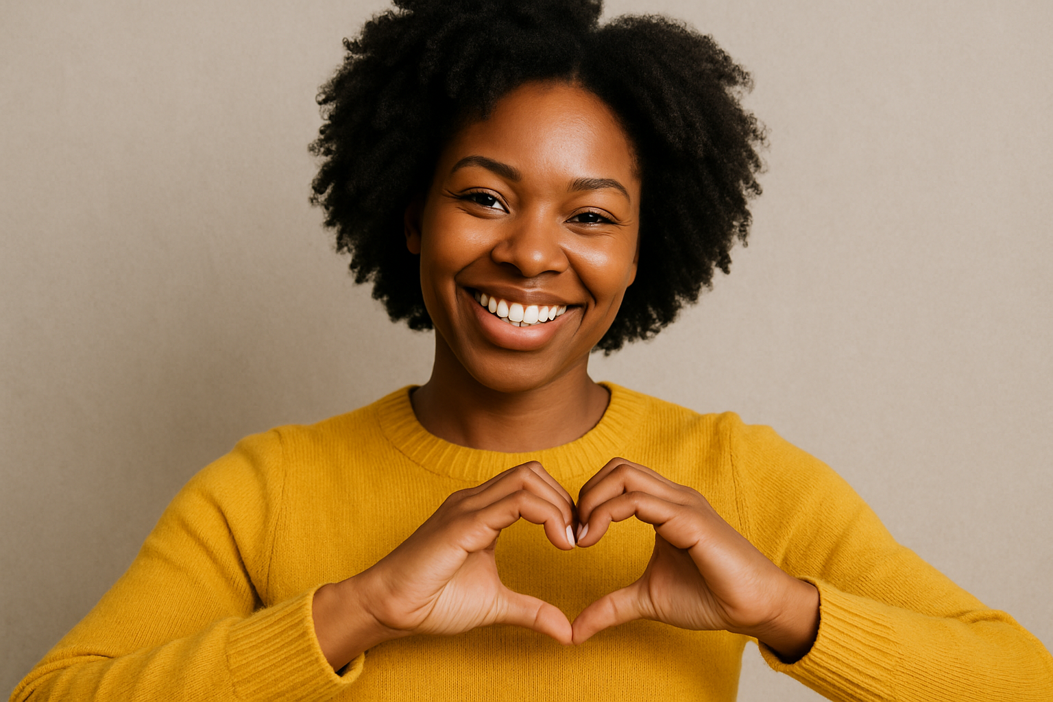 HALF SHOT OF BLACK WOMAN WITH NATURAL HAIR WEARING A YELLOW SWEATER MAKING THE LOVE SIGN WITH HER HANDS AND SMILING