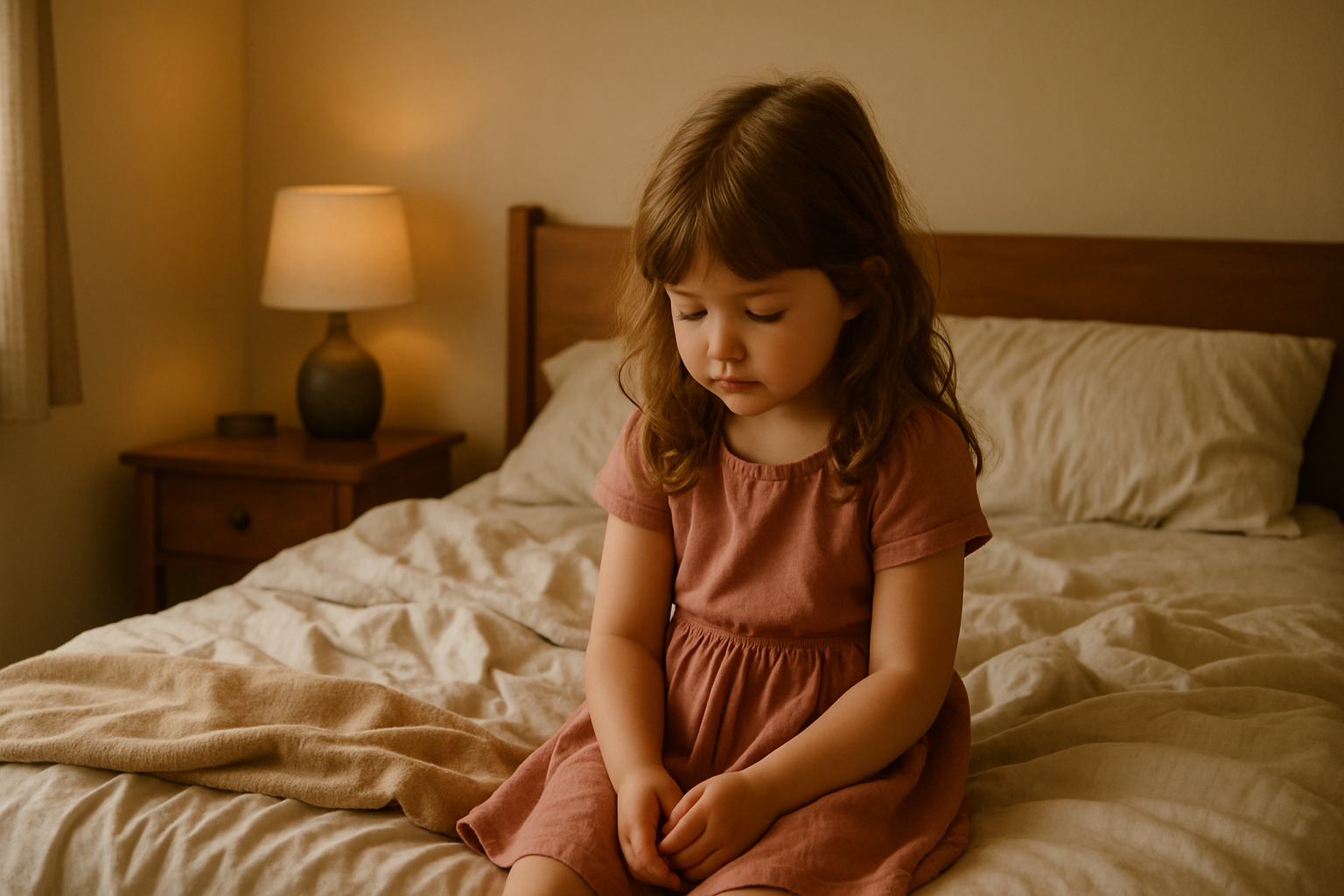 little girl sitting on the edge of the bed with her head down, the bed is unmade