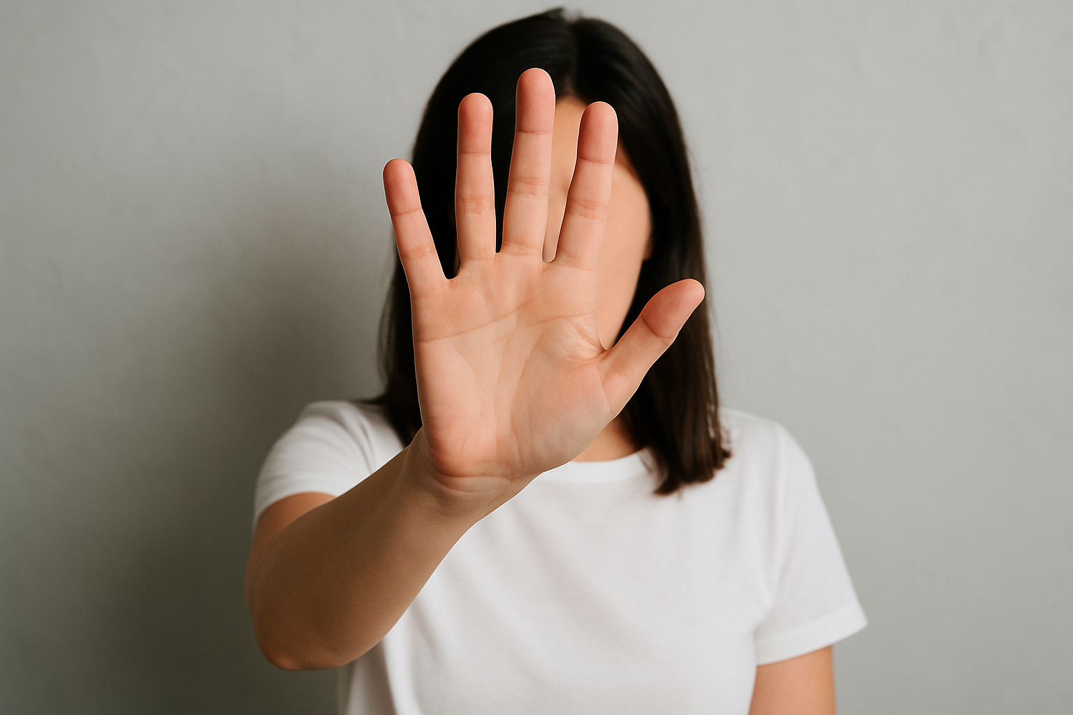Woman holding hand in front of face with face hidden behind hand as if she is saying stop, the woman is wearing a white shirt